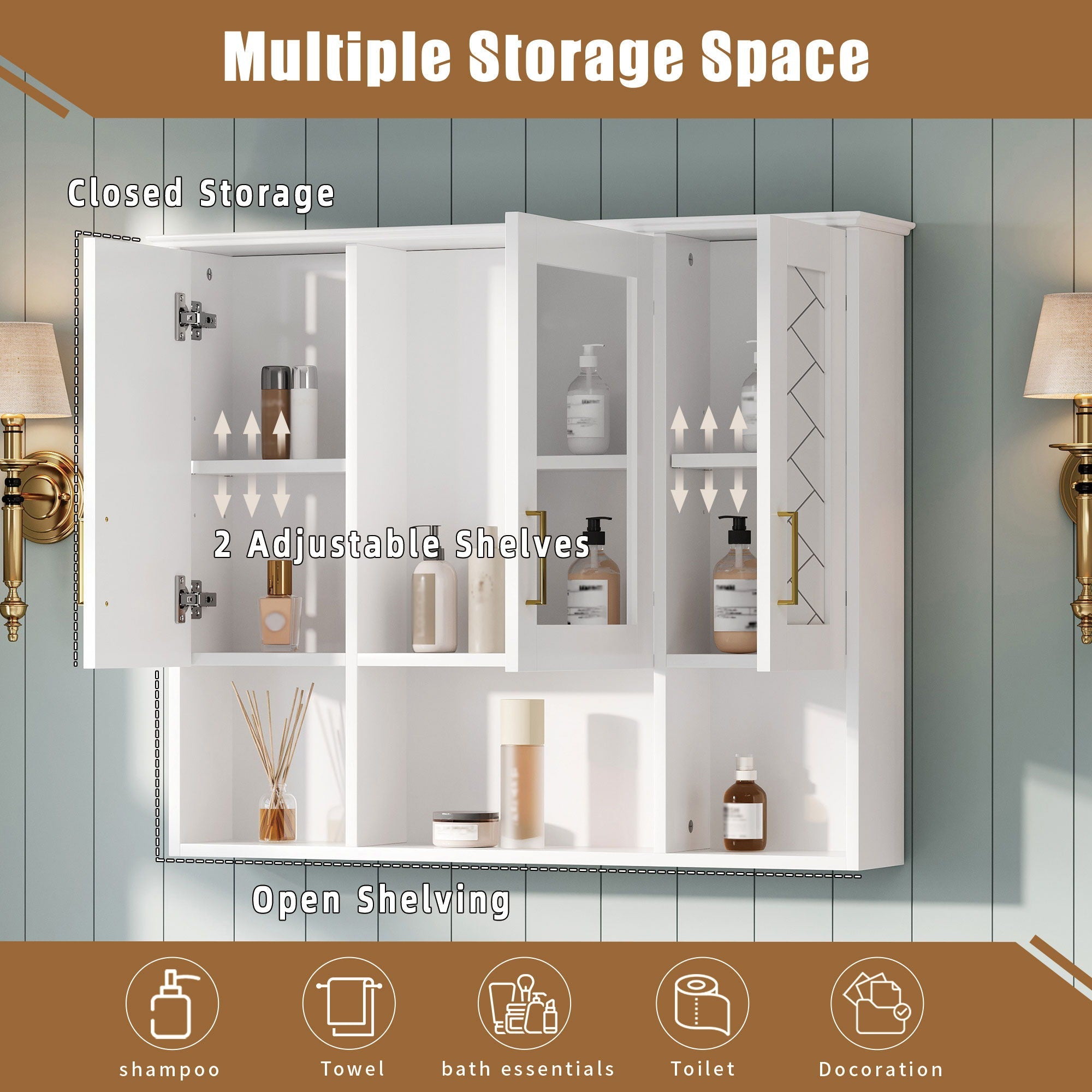 Modern Wall Mounted Medicine Cabinet With Adjustable Shelves, Soft Close Doors, High Define Mirror