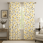 DaDa Bedding Set of 2 Botanical Floral Window Curtain Panels - Natural Semi Sheer Yellow Fleur Golden Orange Spring Time Tulips Straight Tailored Edge