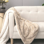DaDalogy Bedding Champagne Ivory Faux Fur Throw Blanket - Dreamy Gold Geometric Embossed Sherpa Backside - Super Soft Warm Cozy Plush Fluffy