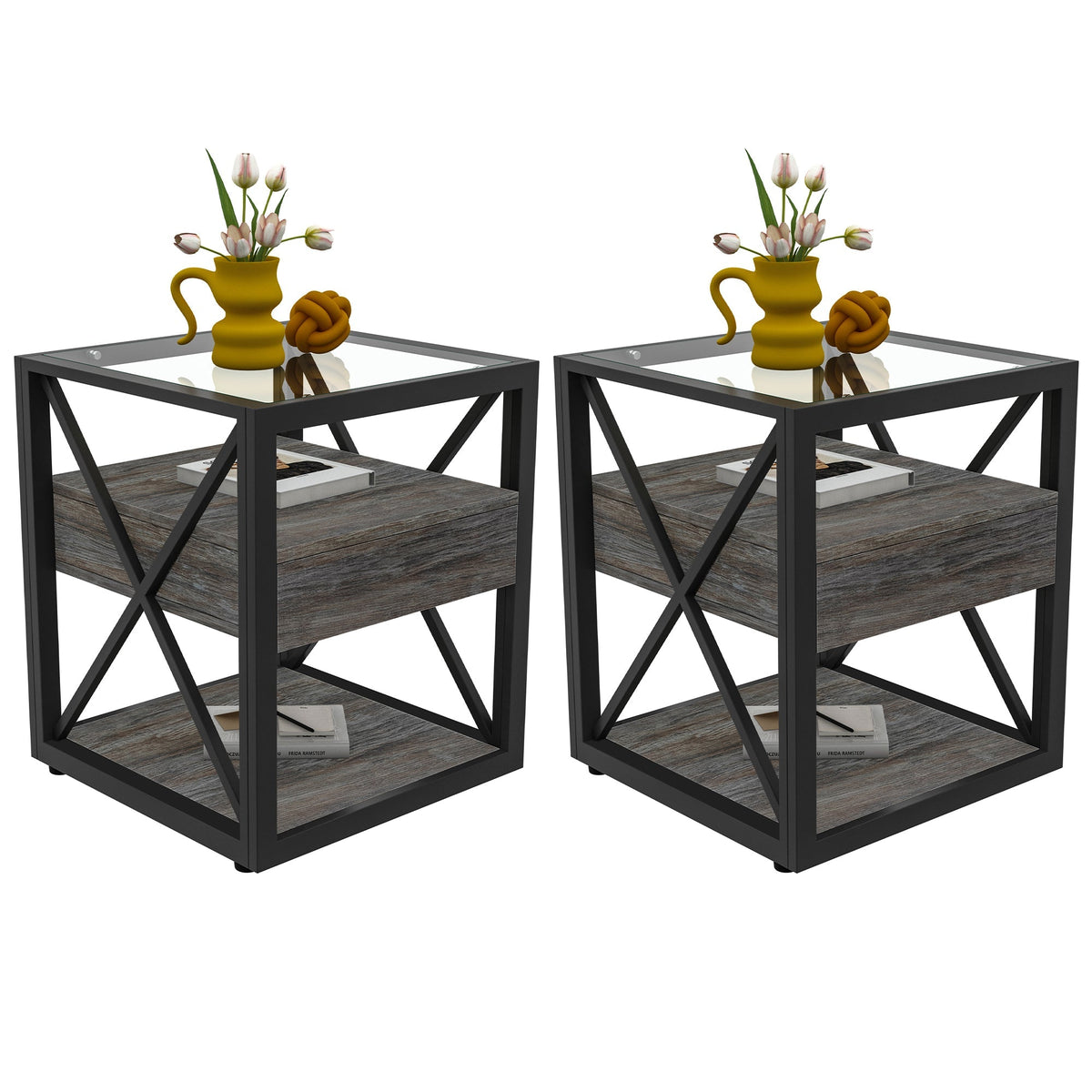 Set of 2 Modern End Tables with Drawer - Nightstands