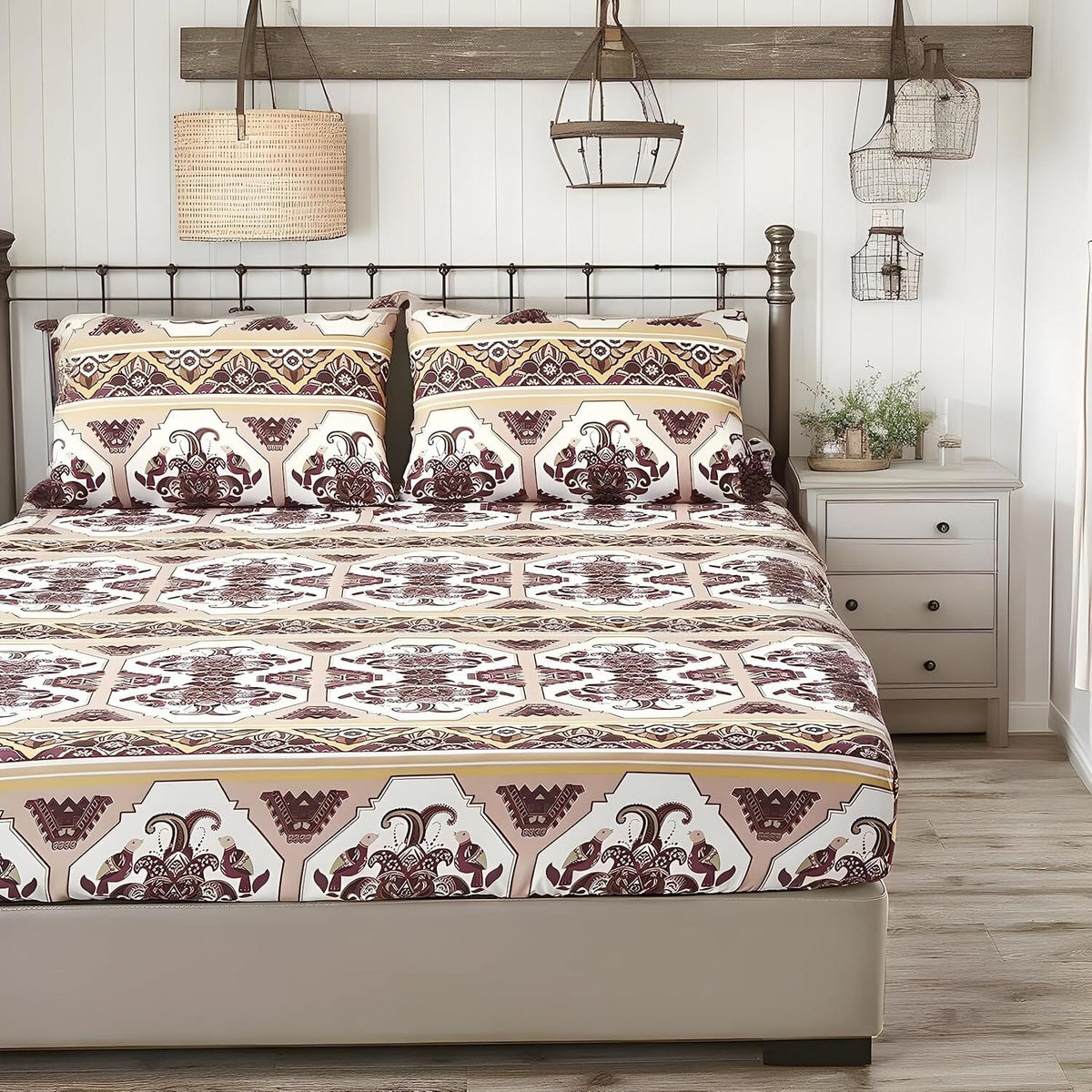 DaDa Bedding Majestic Oriental Kilim Fitted Sheet - w/ Pillow Cases Royal Persian Traditional Design Intricate Ornate Ornament Print