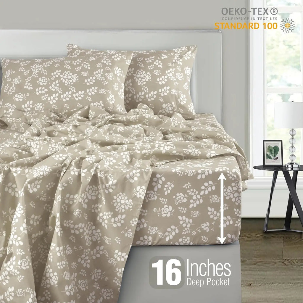 Lux Décor 4pc Floral Bedsheet Set, Soft Microfiber Wrinkle Free Sheets - Luxurious Printed Bed Sheets