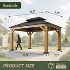 Nordivale 10x12FT Cedar Wood Hardtop Gazebo Permanent Wooden Pavilion Galvanized Steel Double Roof Outdoor Canopy for Patio Garden Deck Natural