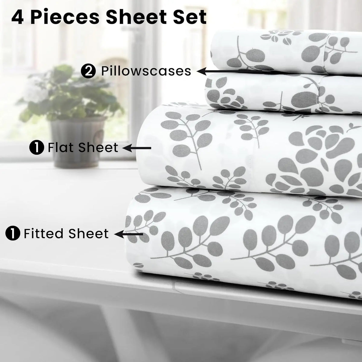 Lux Décor 4pc Floral Bedsheet Set, Soft Microfiber Wrinkle Free Sheets - Luxurious Printed Bed Sheets