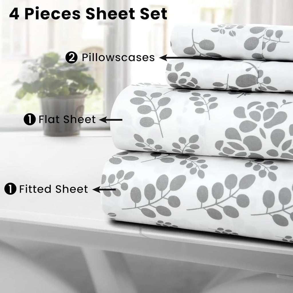 Lux Décor 4pc Floral Bedsheet Set, Soft Microfiber Wrinkle Free Sheets - Luxurious Printed Bed Sheets