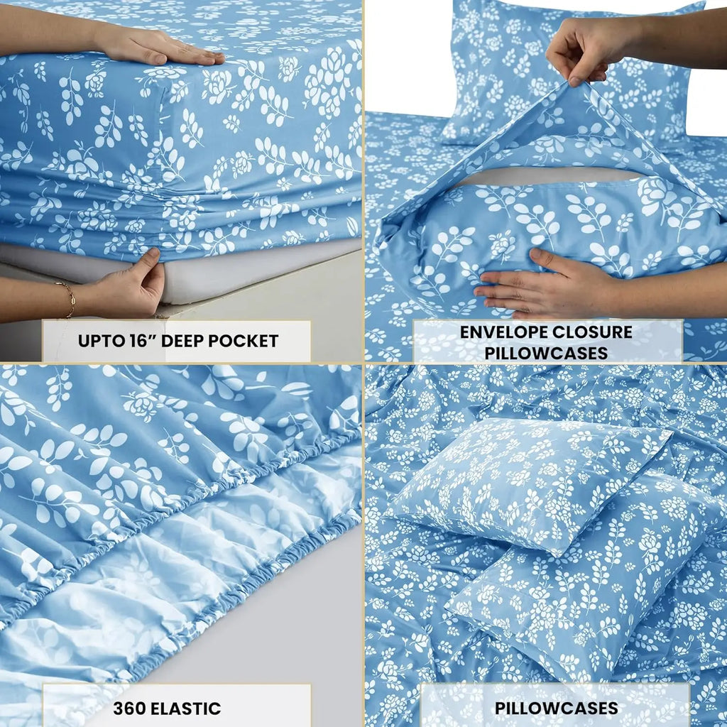 Lux Décor 4pc Floral Bedsheet Set, Soft Microfiber Wrinkle Free Sheets - Luxurious Printed Bed Sheets