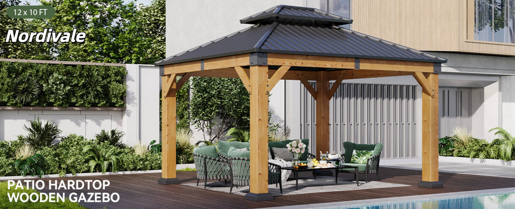 Nordivale 10x12FT Cedar Wood Hardtop Gazebo Permanent Wooden Pavilion Galvanized Steel Double Roof Outdoor Canopy for Patio Garden Deck Natural