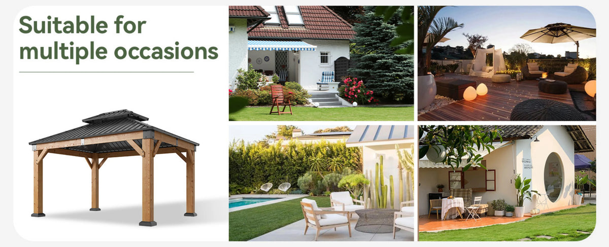 Nordivale 10x12FT Cedar Wood Hardtop Gazebo Permanent Wooden Pavilion Galvanized Steel Double Roof Outdoor Canopy for Patio Garden Deck Natural