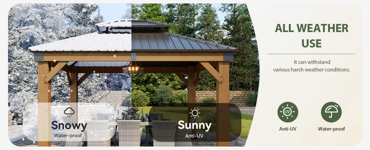 Nordivale 10x12FT Cedar Wood Hardtop Gazebo Permanent Wooden Pavilion Galvanized Steel Double Roof Outdoor Canopy for Patio Garden Deck Natural