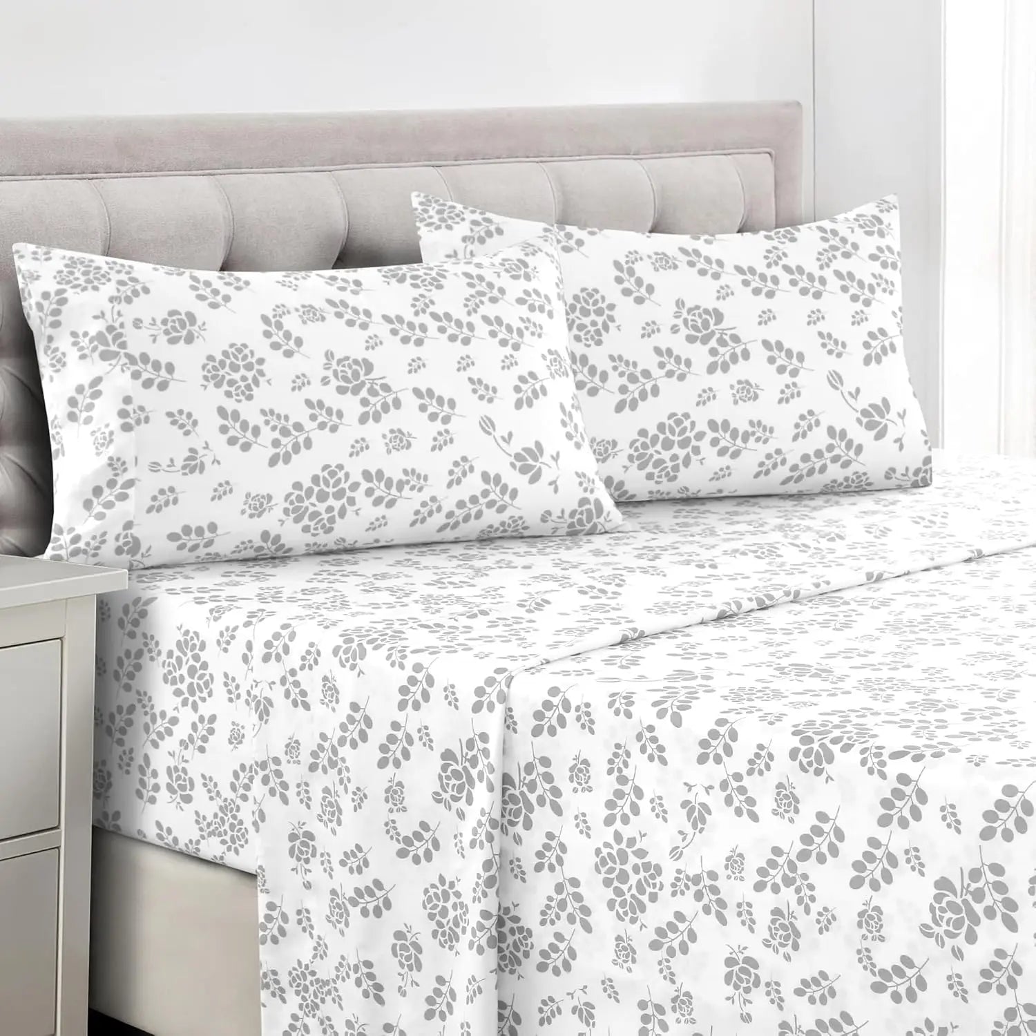 Lux Décor 4pc Floral Bedsheet Set, Soft Microfiber Wrinkle Free Sheets - Luxurious Printed Bed Sheets