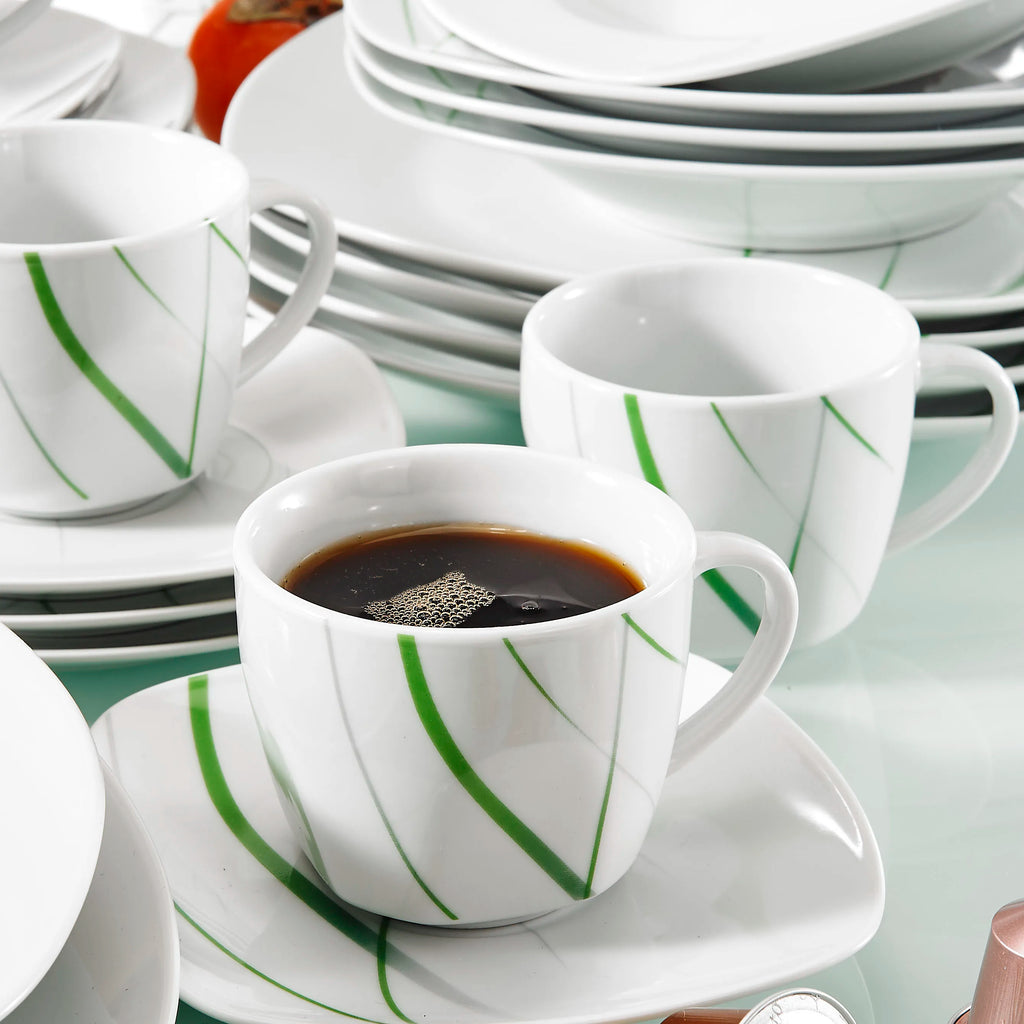 VEWEET AVIVA 30-Piece Kitchen Green Line Porcelain China Ceramic Plate Set with Dessert Plate,Soup Plate,Dinner Plate,Cup&Saucer