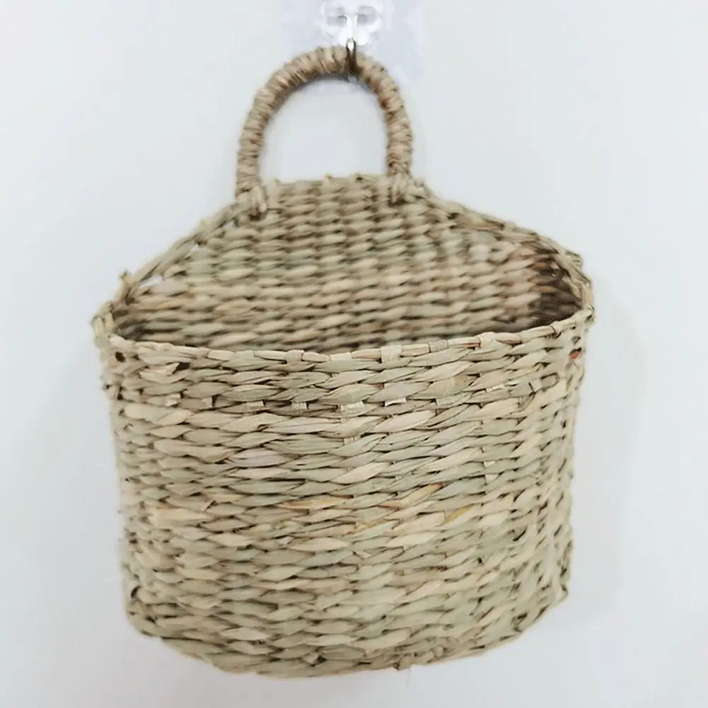Wall Hanging Woven Basket Home Decor Rustic Straw Storage Basket Rattan Straw Woven Plant Holder House Storage Shelf