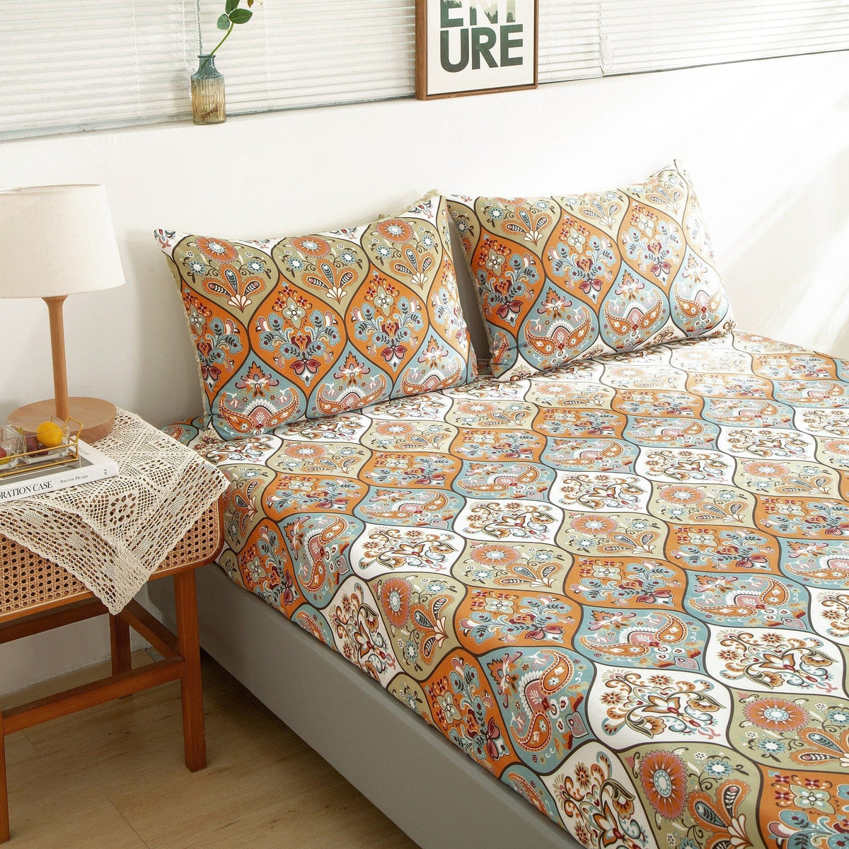 DaDa Bedding Bohemian Fitted Sheet w/Pillow Cases - Coral Teal Floral Paisley Botanical Garden Party - Bright Vibrant Multi-Colorful Blue Salmon Pink