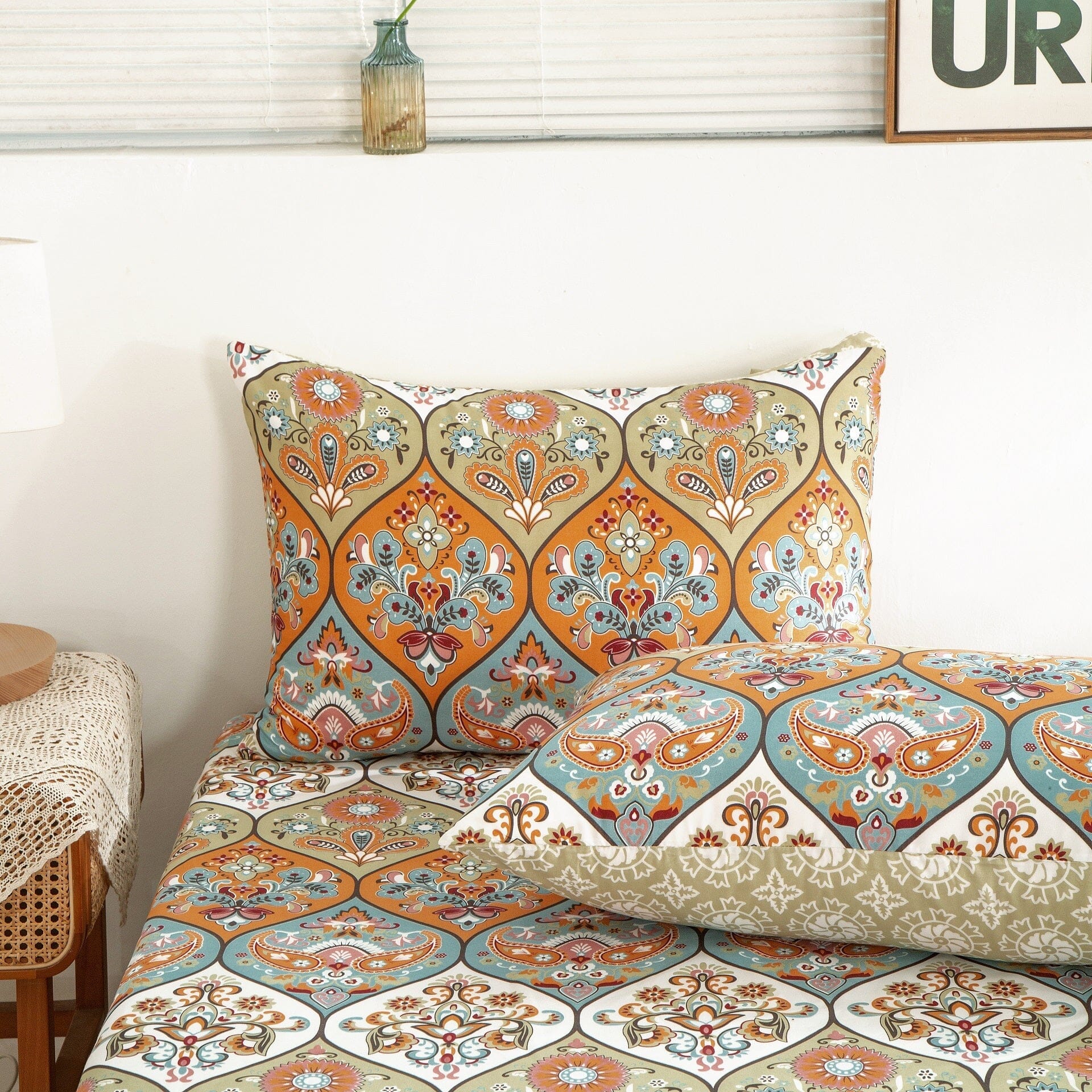 DaDa Bedding Bohemian Fitted Sheet w/Pillow Cases - Coral Teal Floral Paisley Botanical Garden Party - Bright Vibrant Multi-Colorful Blue Salmon Pink