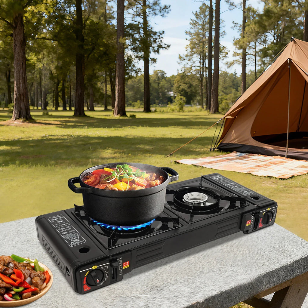 Portable Dual-Burner Camping Stove with Carrying Case 2500W Power Per Burner Ideal for Outdoor Cooking Picnics Camping Trips