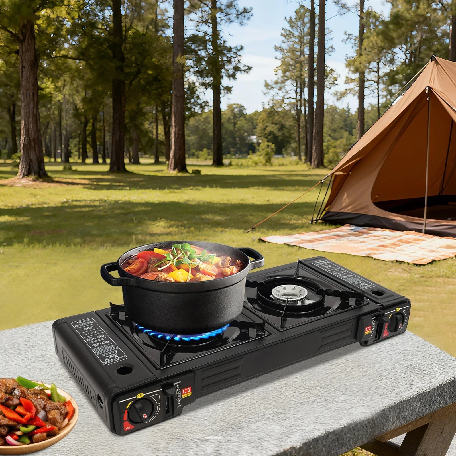Portable Dual-Burner Camping Stove with Carrying Case 2500W Power Per Burner Ideal for Outdoor Cooking Picnics Camping Trips