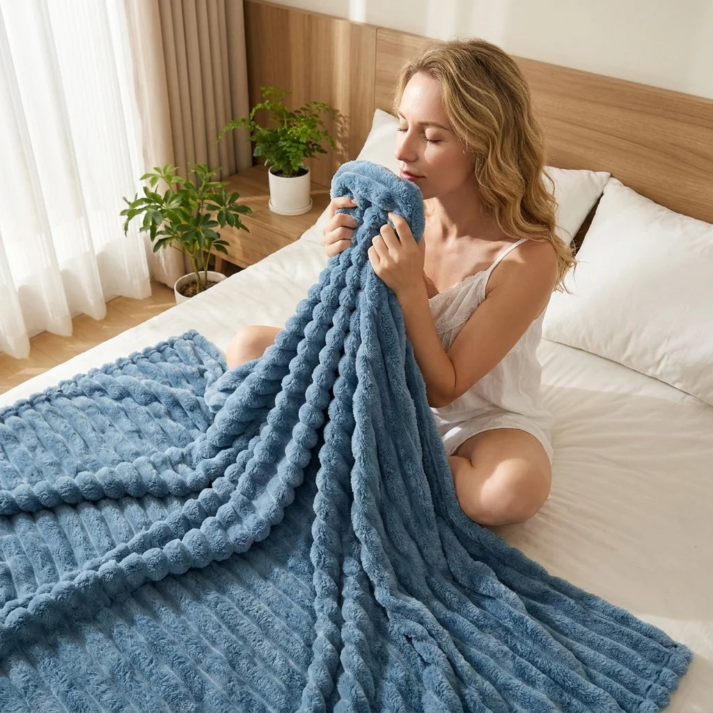 1PC Ribbed Fleece Blanket Twin/Full/Queen/King Soft Warm Textured Plush Throw for Bed Sofa Home Decor
