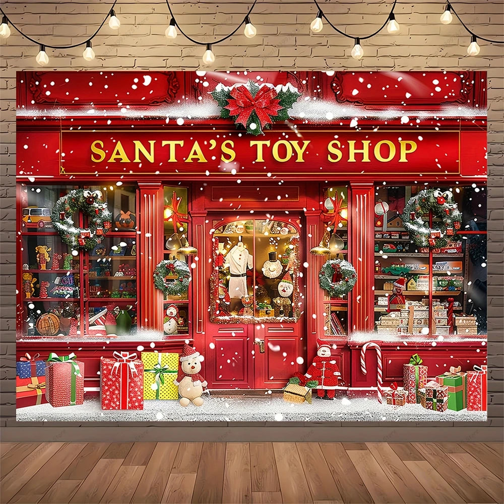 Christmas Photography Backdrop Vinyl Santa's Toy Shop Decoration Backdrop for Xmas Party Supplies Photo Background Studio Decor