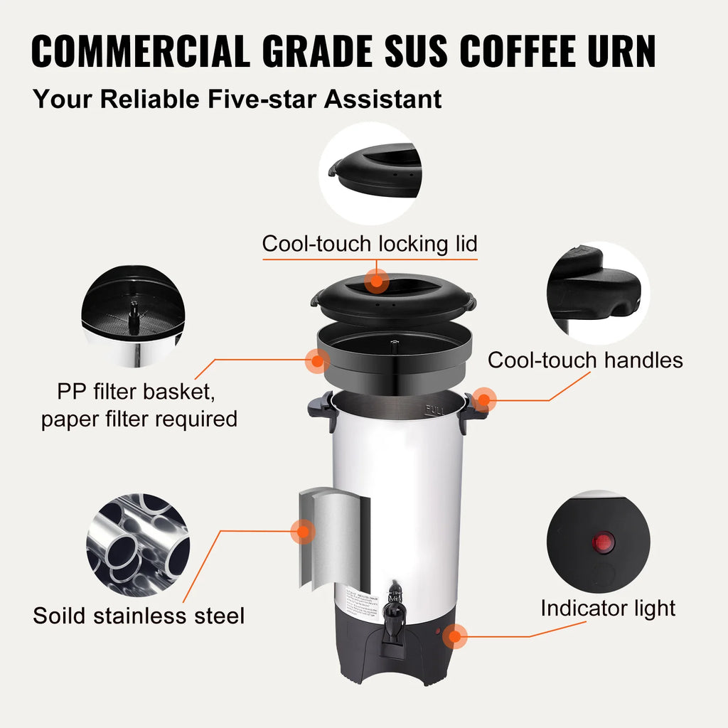 SucceBuy Commercial Coffee Urn 50 Cups Stainless Steel Large Coffee Dispenser 1000W Electric Coffee Maker Urn For Quick Brewing