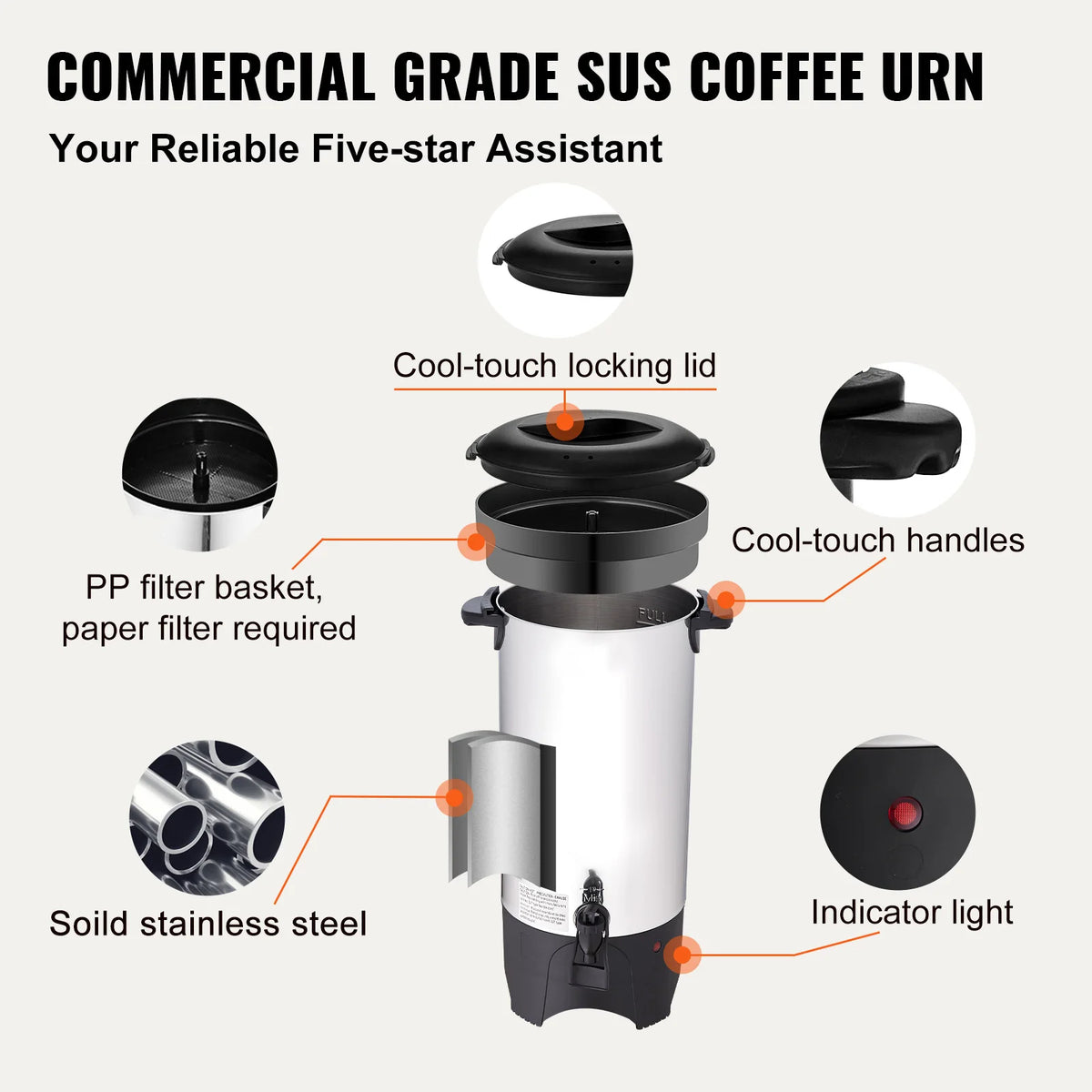 SucceBuy Commercial Coffee Urn 50 Cups Stainless Steel Large Coffee Dispenser 1000W Electric Coffee Maker Urn For Quick Brewing