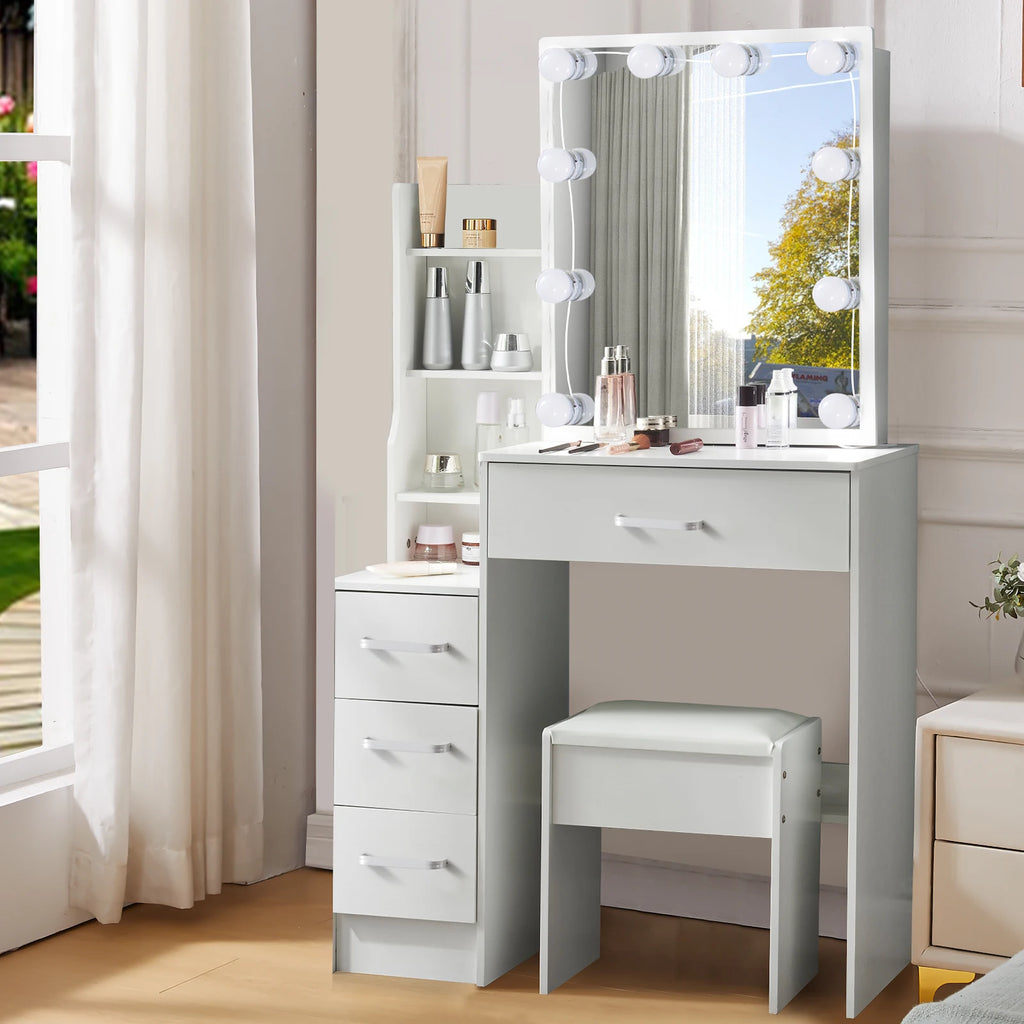 LED Vanity Table with Sliding Mirror, White Makeup Desk 4 Drawers Stool, Dressing Table for Women, Glam Furniture