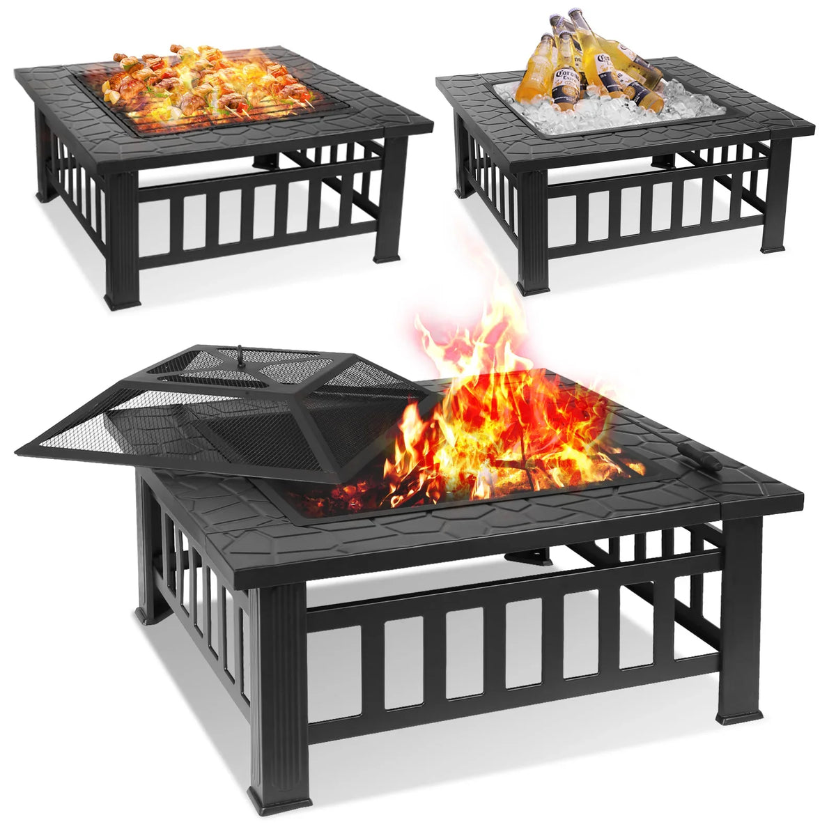 Fire Basket Garden Fireplace 81x81x45cm Including Grill (51*51cm) And Waterproof Cover For Heating/Grilling Metal Brazier
