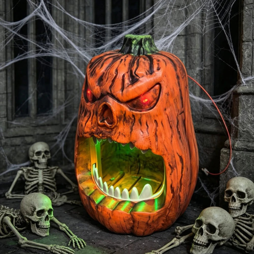 Halloween Horror Skull Face Pumpkin Candy Storage Box Voice-activated Glowing Pumpkin Ornaments Holiday Decorations  Birthday