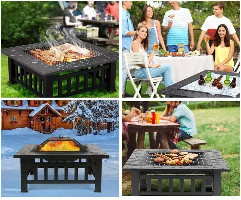 Fire Basket Garden Fireplace 81x81x45cm Including Grill (51*51cm) And Waterproof Cover For Heating/Grilling Metal Brazier