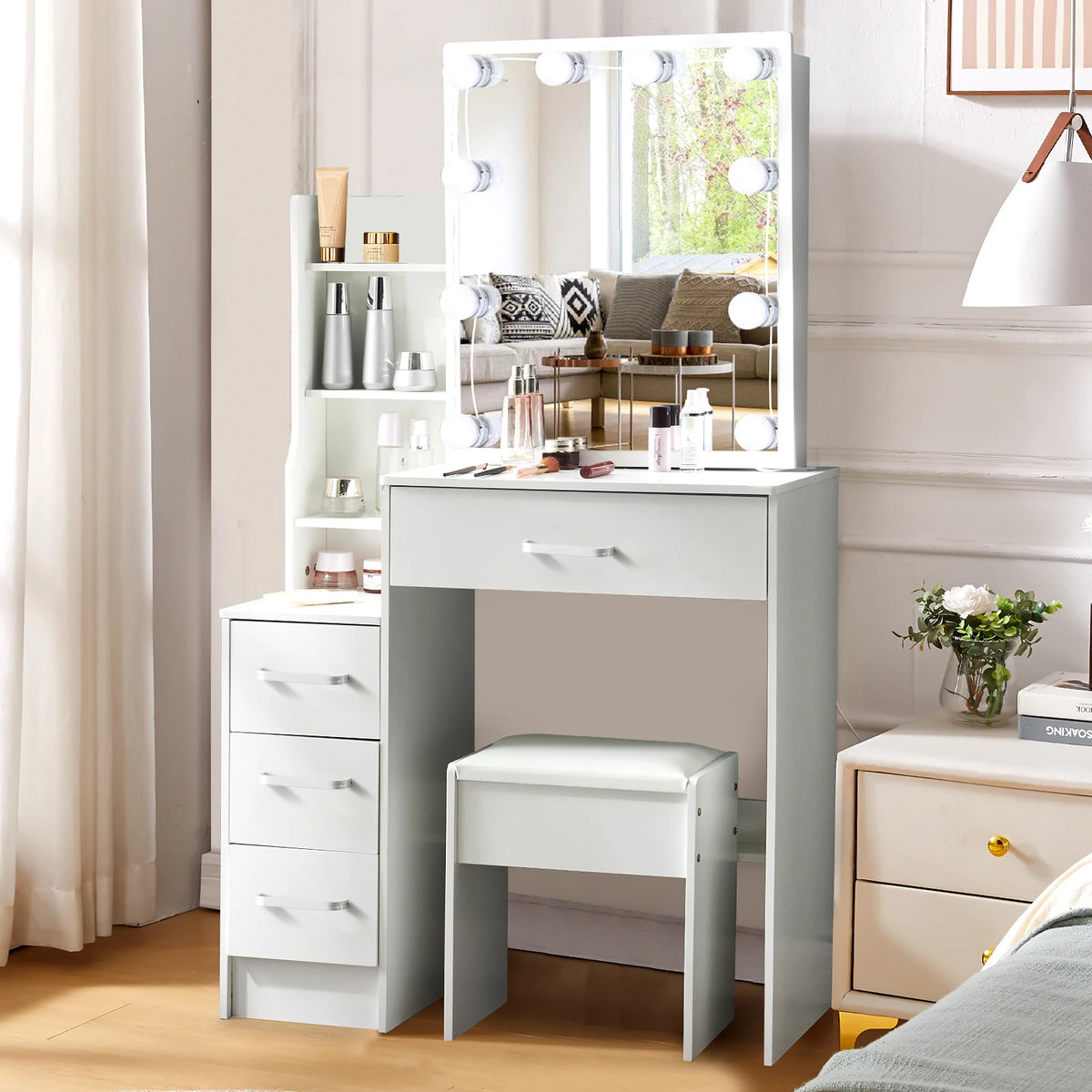 LED Vanity Table with Sliding Mirror, White Makeup Desk 4 Drawers Stool, Dressing Table for Women, Glam Furniture