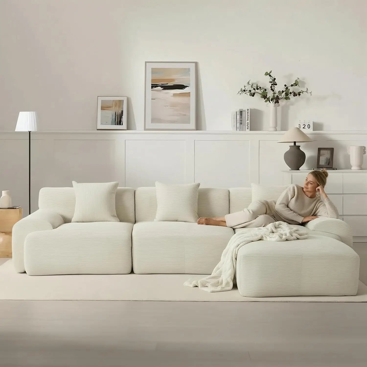 107in Modular Sectional Sofa with Ottoman L-Shape Deep Seat Corduroy Memory Foam No Assembly Living Room Furniture Custom