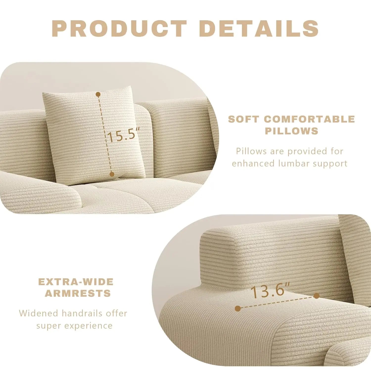 107in Modular Sectional Sofa with Ottoman L-Shape Deep Seat Corduroy Memory Foam No Assembly Living Room Furniture Custom