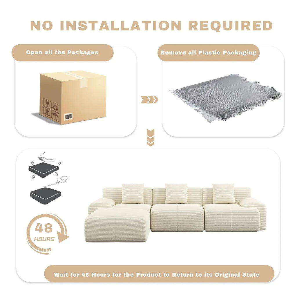 107in Modular Sectional Sofa with Ottoman L-Shape Deep Seat Corduroy Memory Foam No Assembly Living Room Furniture Custom