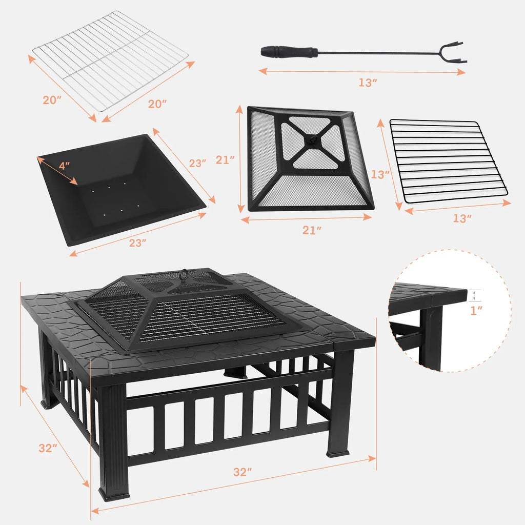 Fire Basket Garden Fireplace 81x81x45cm Including Grill (51*51cm) And Waterproof Cover For Heating/Grilling Metal Brazier