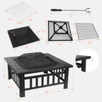 Fire Basket Garden Fireplace 81x81x45cm Including Grill (51*51cm) And Waterproof Cover For Heating/Grilling Metal Brazier