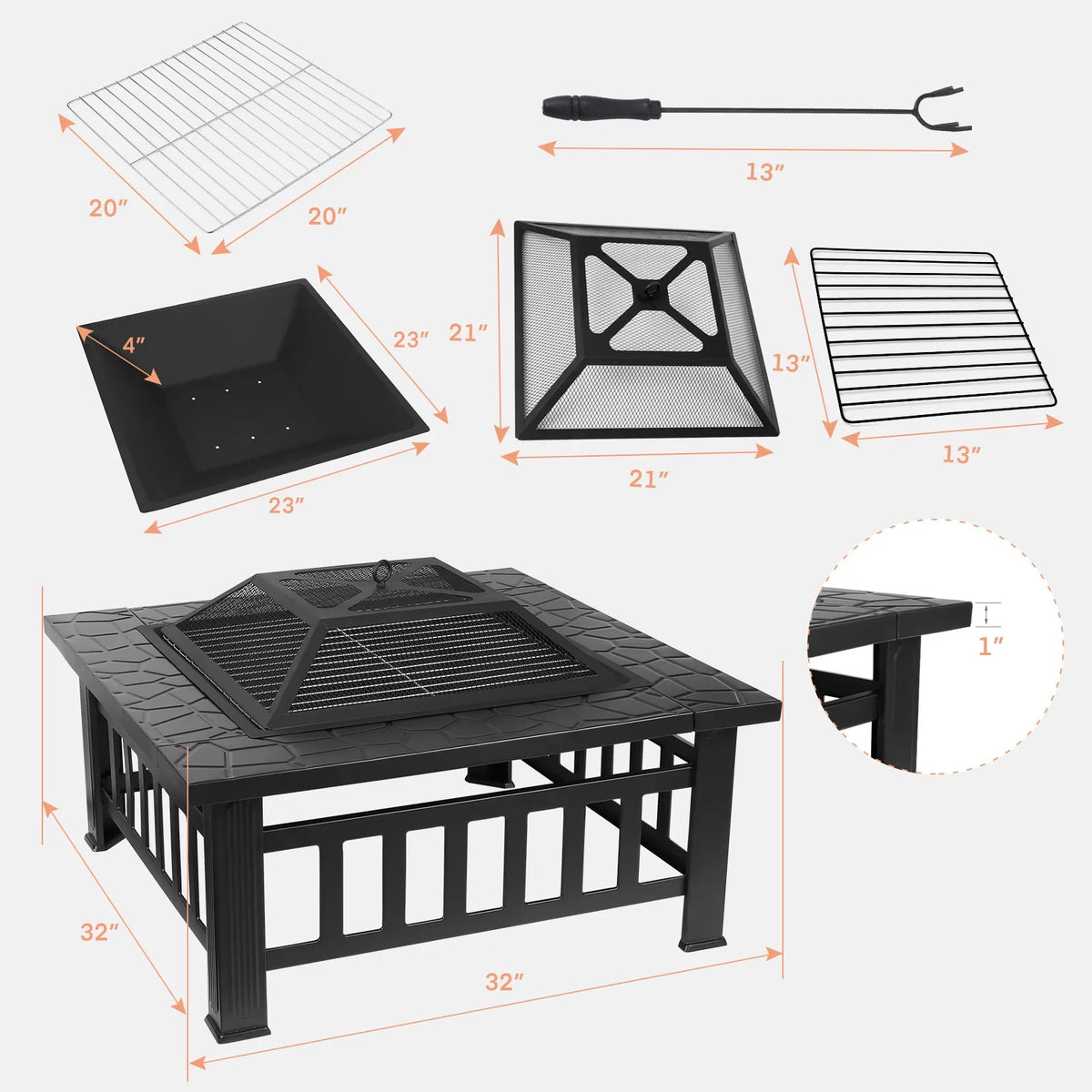 Fire Basket Garden Fireplace 81x81x45cm Including Grill (51*51cm) And Waterproof Cover For Heating/Grilling Metal Brazier
