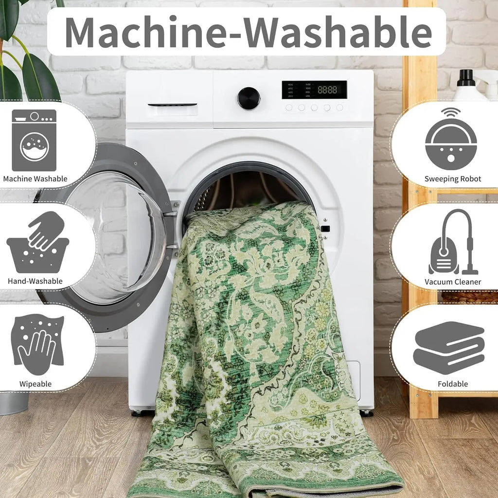Area Rugs for Living Room, Machine Washable Vintage Rug, Non-Slip Low Pile Throw Rugs with Rubber Backing Washable Carpet