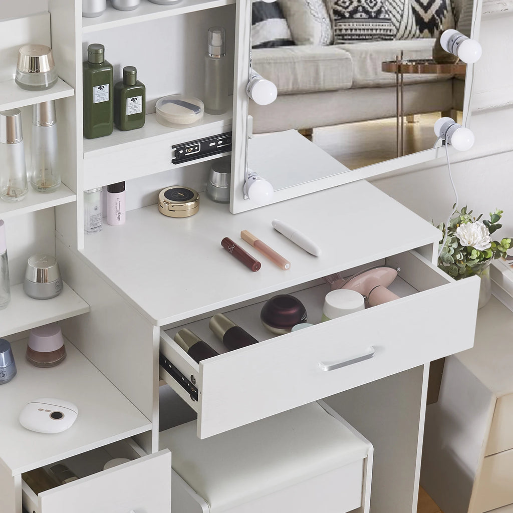 LED Vanity Table with Sliding Mirror, White Makeup Desk 4 Drawers Stool, Dressing Table for Women, Glam Furniture