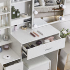 LED Vanity Table with Sliding Mirror, White Makeup Desk 4 Drawers Stool, Dressing Table for Women, Glam Furniture