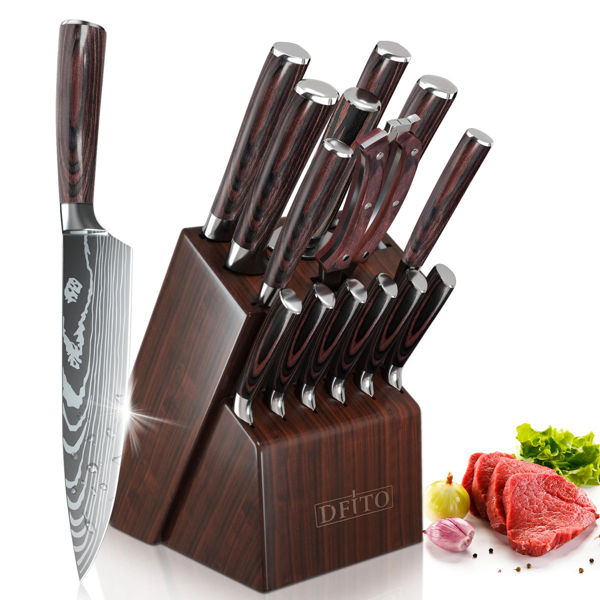 MDHAND Knife Sets for Kitchen 14 Pieces with Knife Holder High Carbon Stainless Steel Damascus Pattern Sharp Chef Knife Set