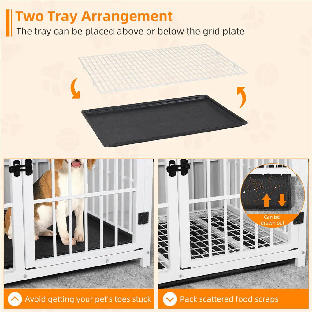 Wooden Dog Crate Furniture with Metal Frame, Large Indoor Dog Kennel End Table, Stylish Pet Cage with 3 Doors and Removable Tray