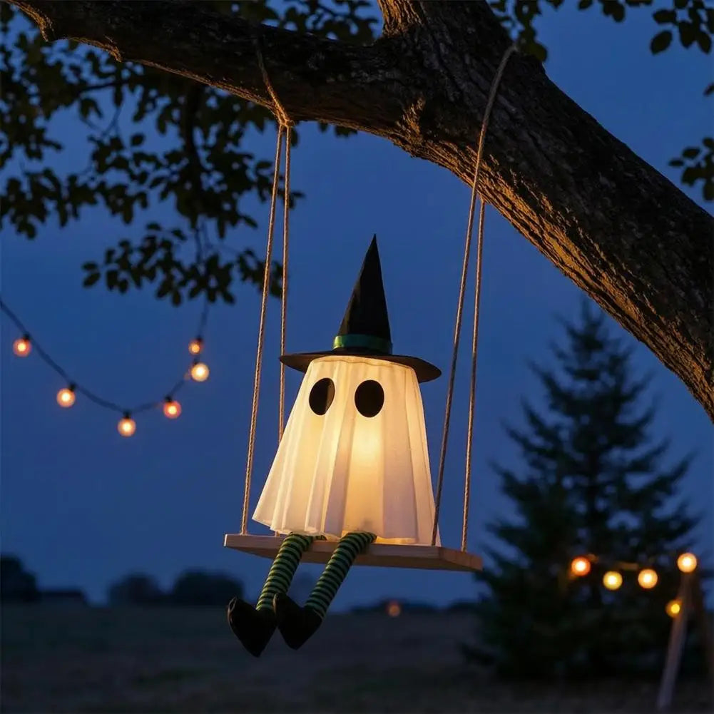 Halloween Hanging Swinging Ghost Decoration Spooky Light Up Swing Ghost with Witch Hat for Outdoor Tree Decor