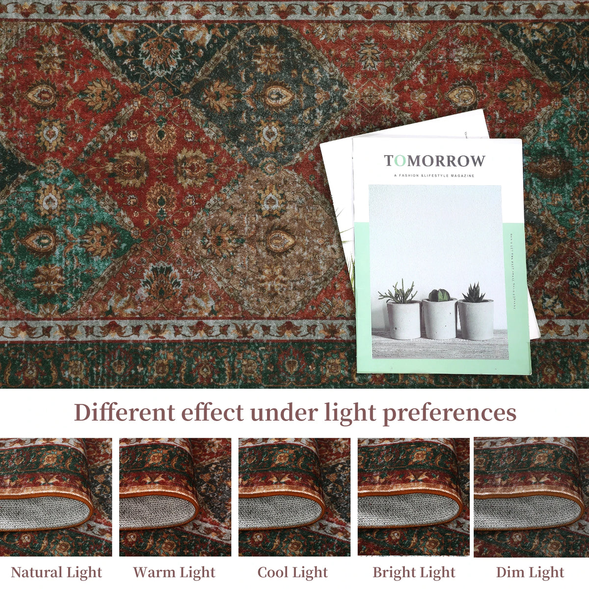 Rug for Living Room, Machine Washable, Non-Slip,Stain & Water Resistant, Low-Pile Moroccan Trellis Hallway Vintage Foldable Rug