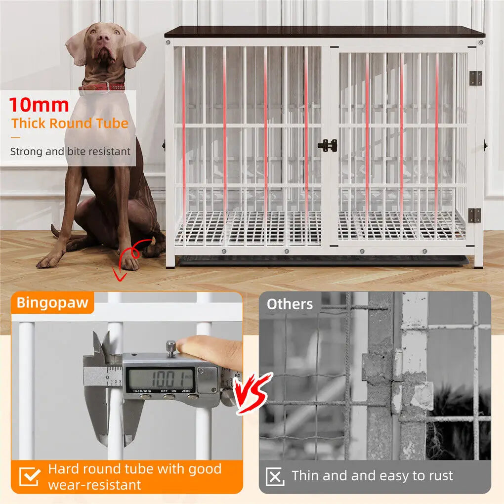 Wooden Dog Crate Furniture with Metal Frame, Large Indoor Dog Kennel End Table, Stylish Pet Cage with 3 Doors and Removable Tray