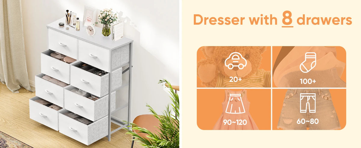 JHK Dresser Children's Wardrobe For Bedroom With 8 Fabric Drawers Storage Cabinet Steel Frame Assembly Closet For Home Furniture