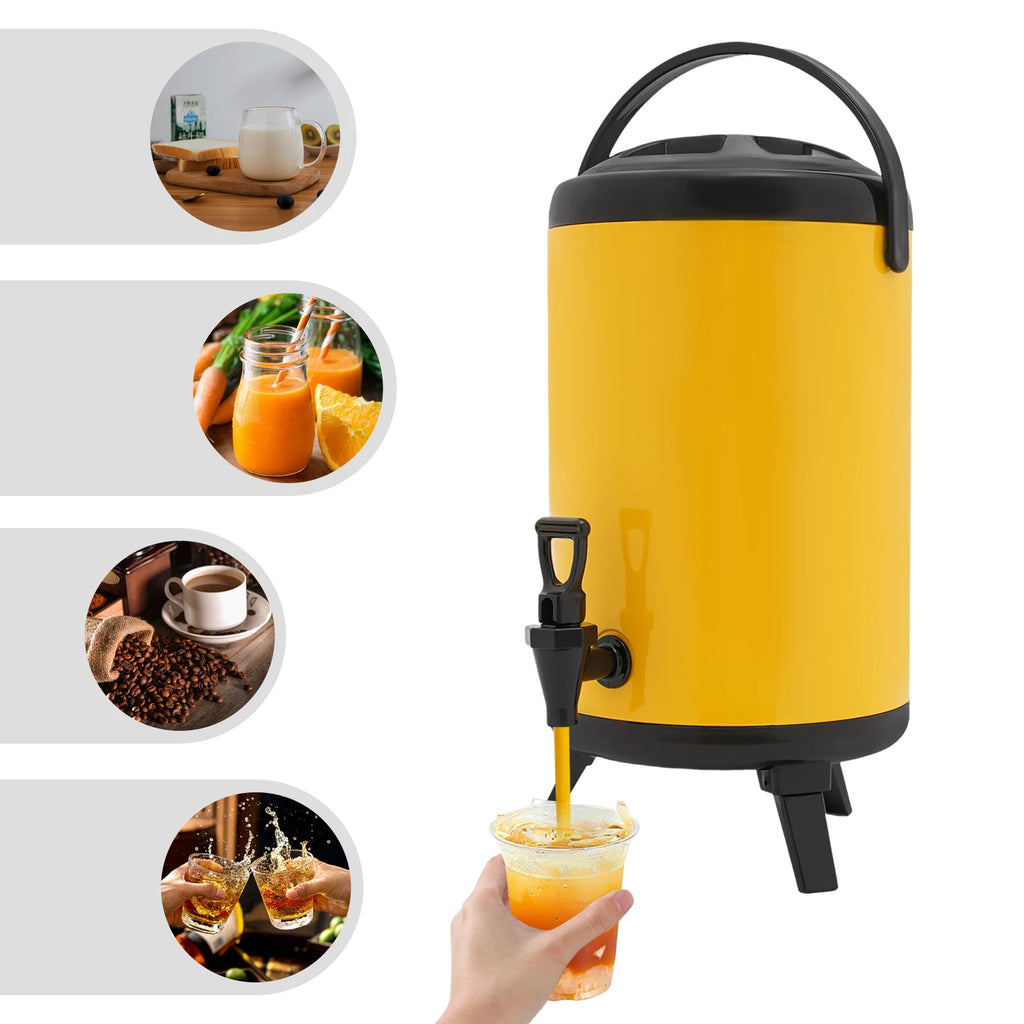 10L Stainless Steel Insulated Beverage Dispenser, Yellow Round Tabletop Drink Server with Spout, Hot & Cold Drink Dispenser