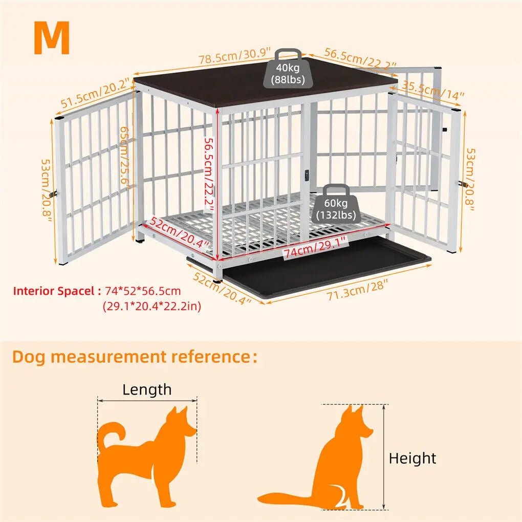 Wooden Dog Crate Furniture with Metal Frame, Large Indoor Dog Kennel End Table, Stylish Pet Cage with 3 Doors and Removable Tray