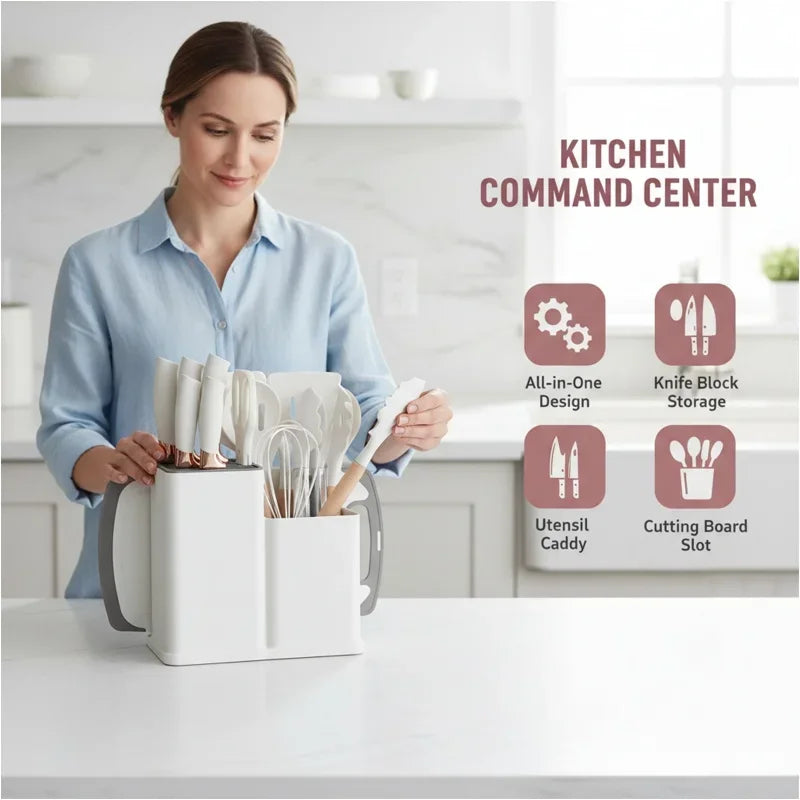 19-in-1 Kitchen Knife & Silicone Utensil Combo Set, Heat Resistant Cooking Tools with Detachable Storage Organizer