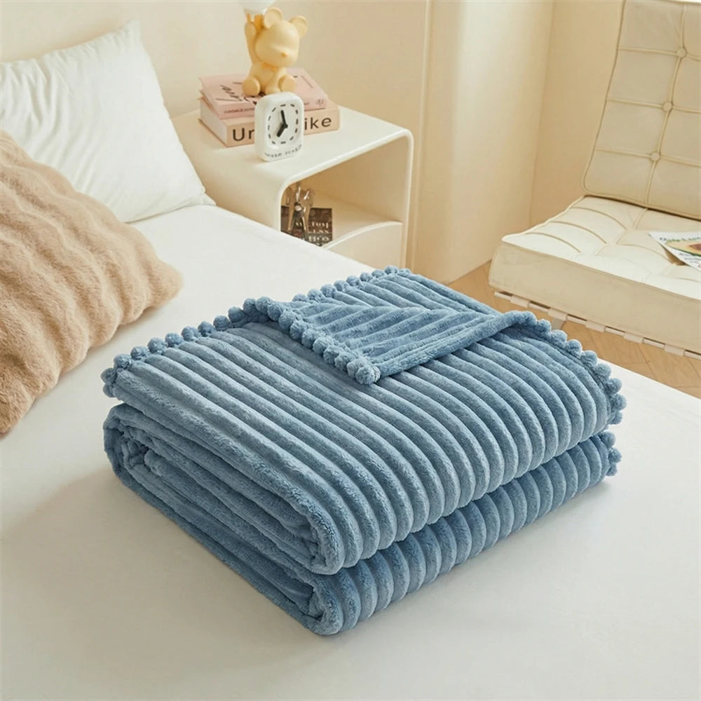 Warm and Comfortable Striped Flannel Blanket, Faux Rabbit Fur Blanket, Soft and Warm Sofa Blanket, Ideal for Napping, Office Use