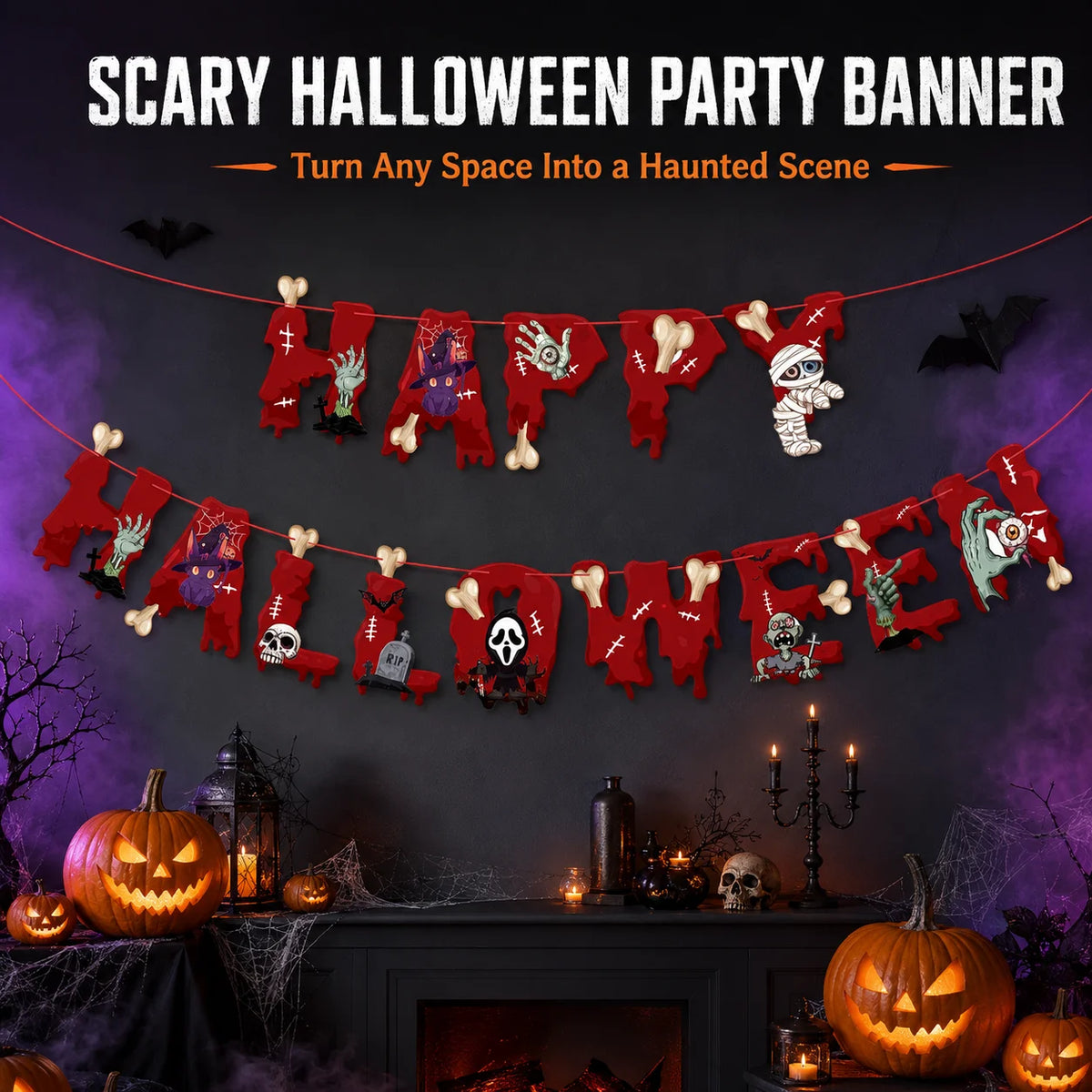 Halloween Ceiling Hangings: Skeletons, Mummies, Bloodstained Handprints, Bat Garlands. Kids Halloween Home Decor