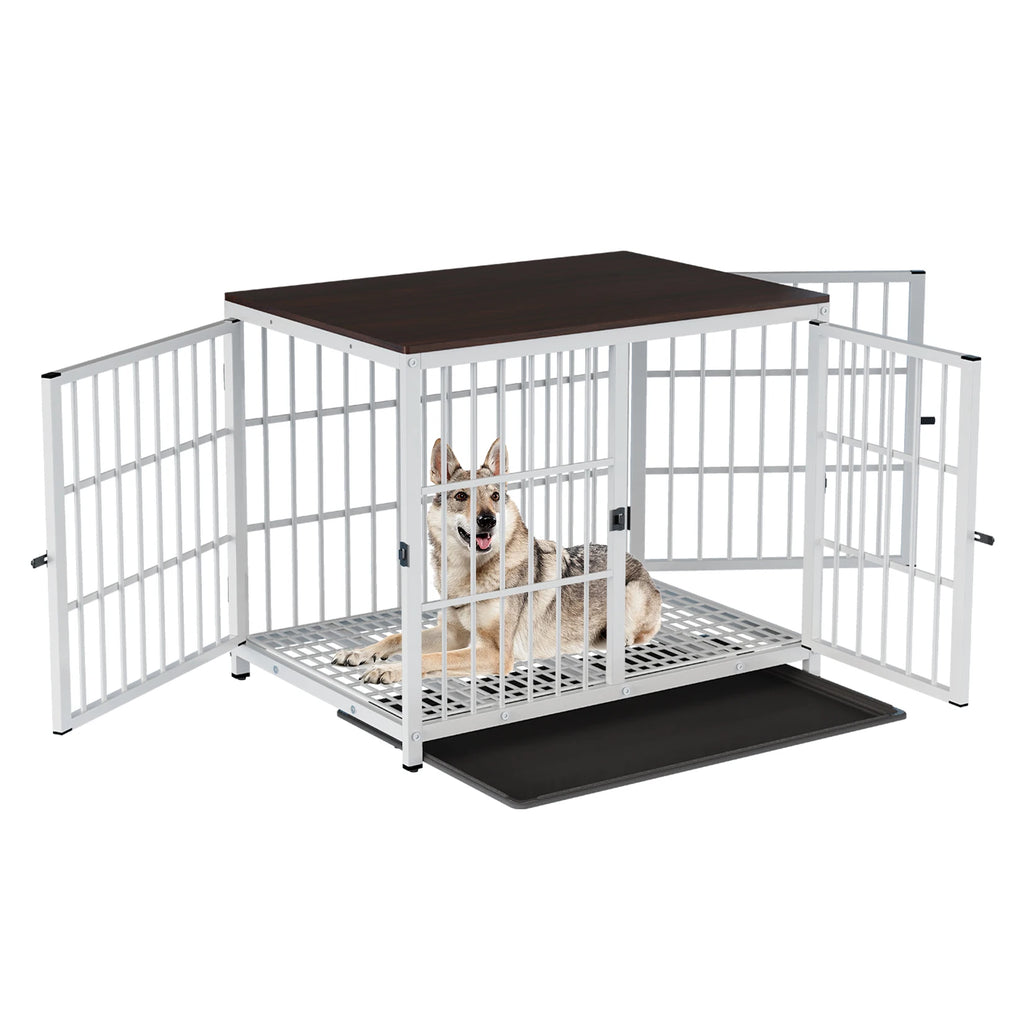 Wooden Dog Crate Furniture with Metal Frame, Large Indoor Dog Kennel End Table, Stylish Pet Cage with 3 Doors and Removable Tray